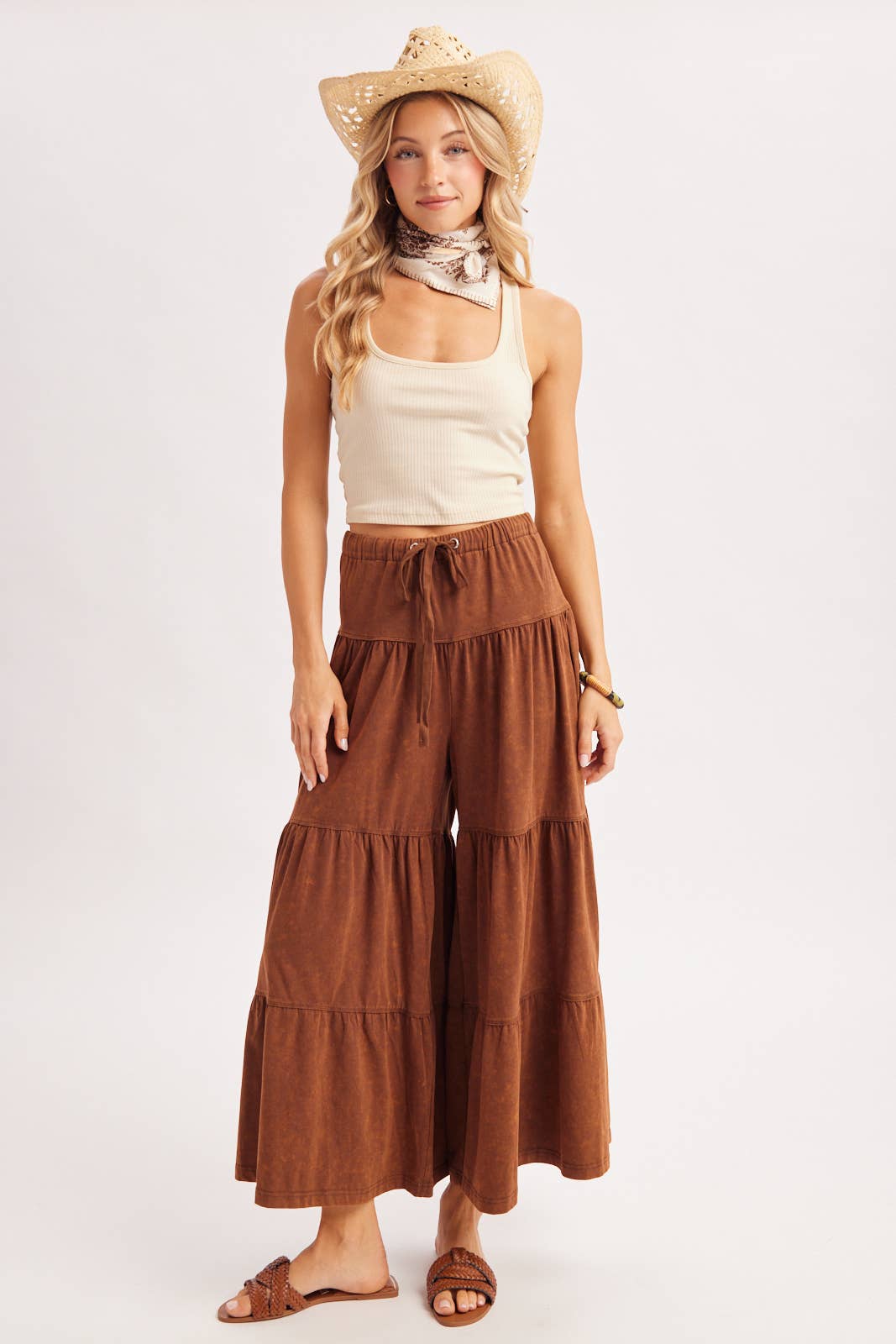 BOHO TIERED DRAWSTRING WIDE LEG PANTS