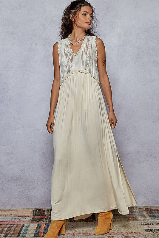 V-neck sleeveless cut sew knit lace trim solid dress