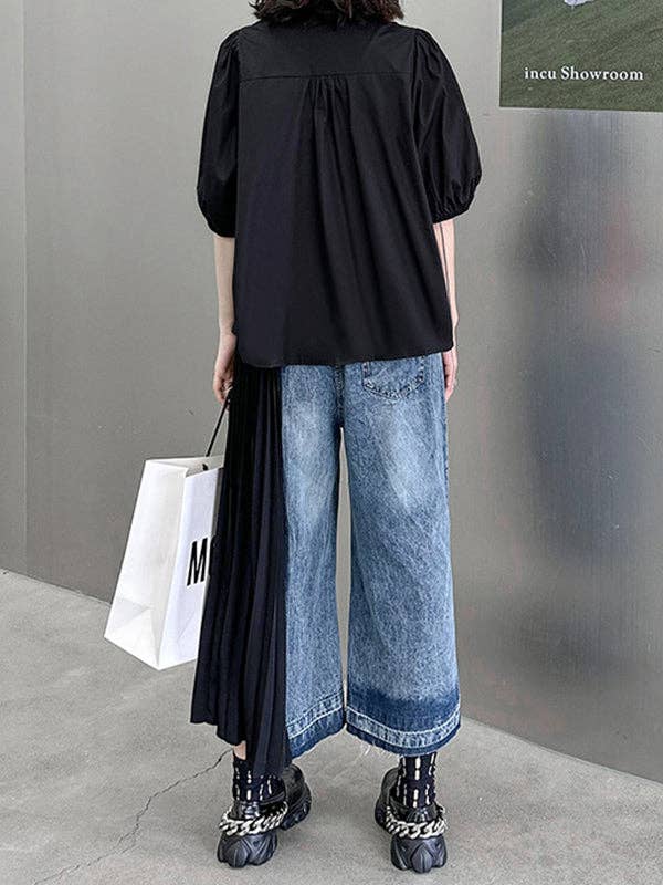 Loose Ninth Pants Contrast Color Pleated Split-Joint Casual Pants Bottoms Trousers