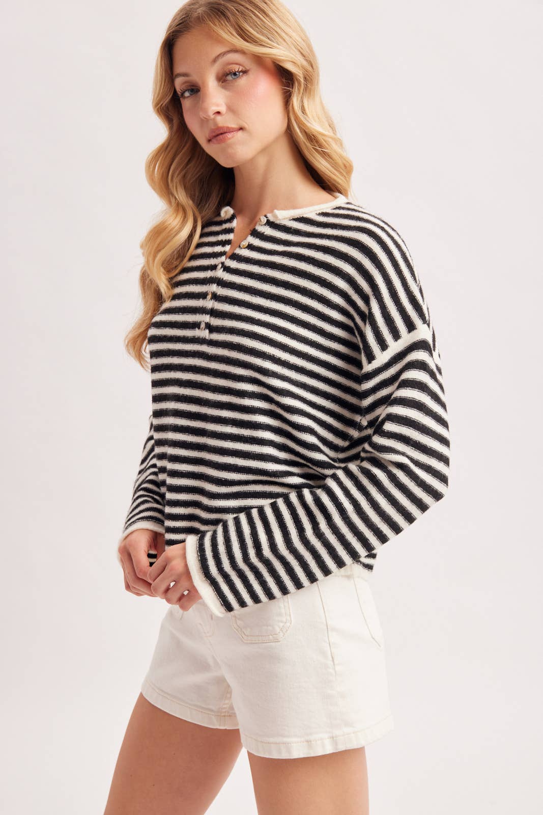 RELAXED STRIPE HENLEY KNIT PULLOVER
