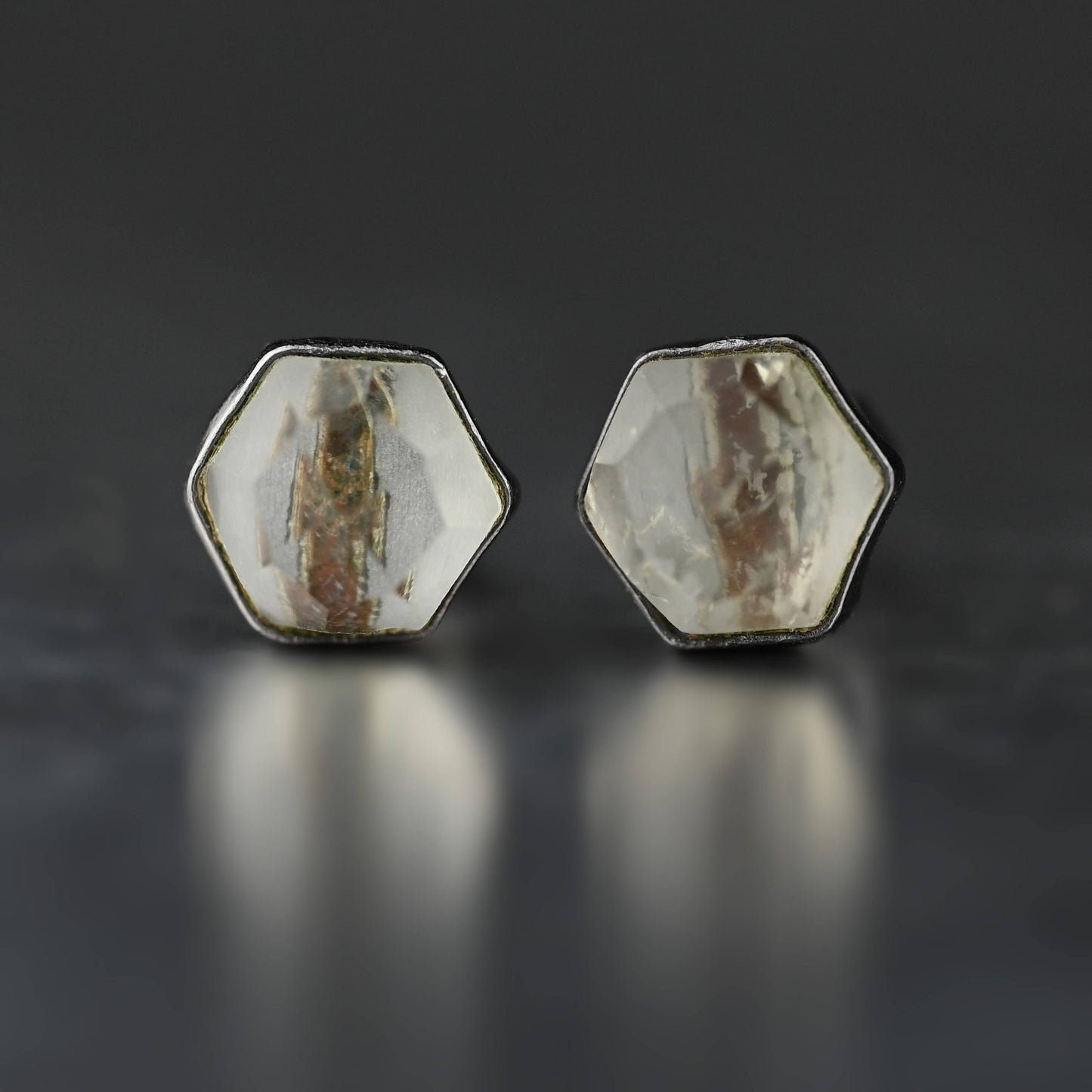 Semi Precious Hexagon Gemstone Studs (8mm)  (Gunmetal)