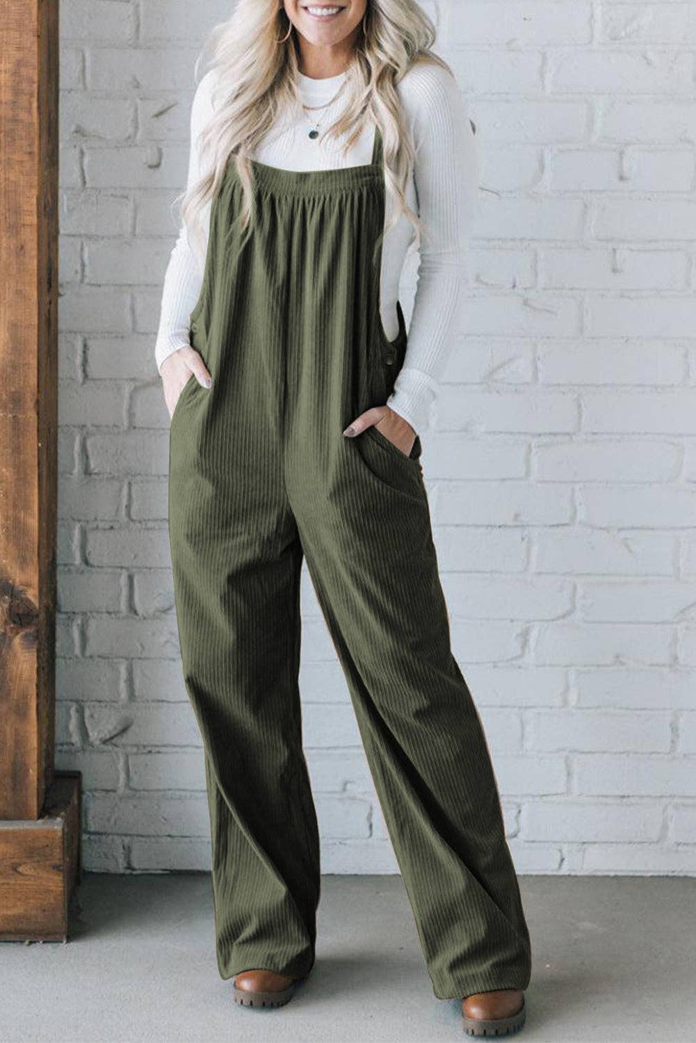 Olive Solid Corduroy Pocketed Overall