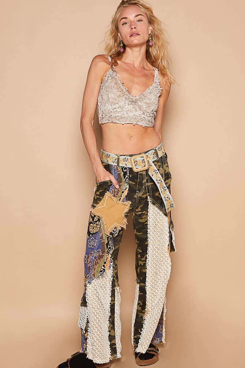 Printed patchwork detail woven twill pants