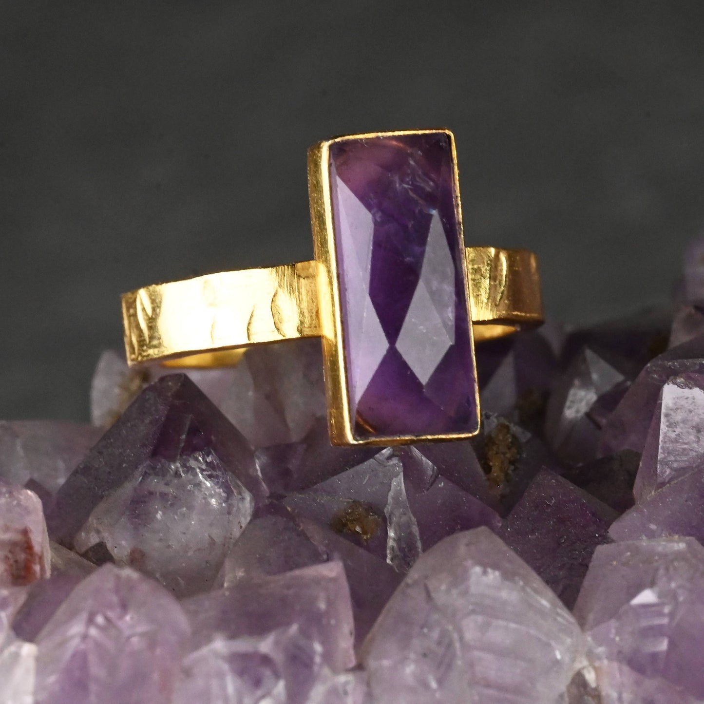 Amethyst  Rectangle Ring on a Hand Hammered Golden Band