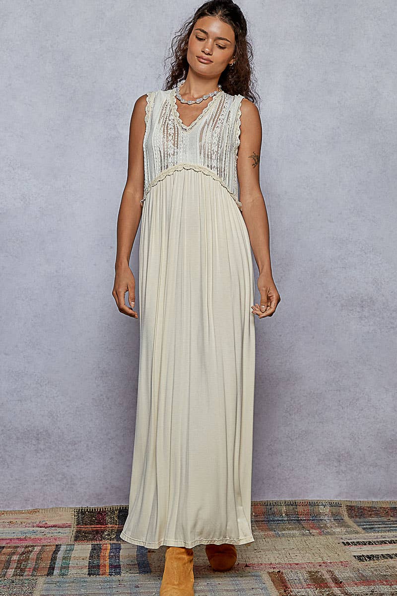 V-neck sleeveless cut sew knit lace trim solid dress
