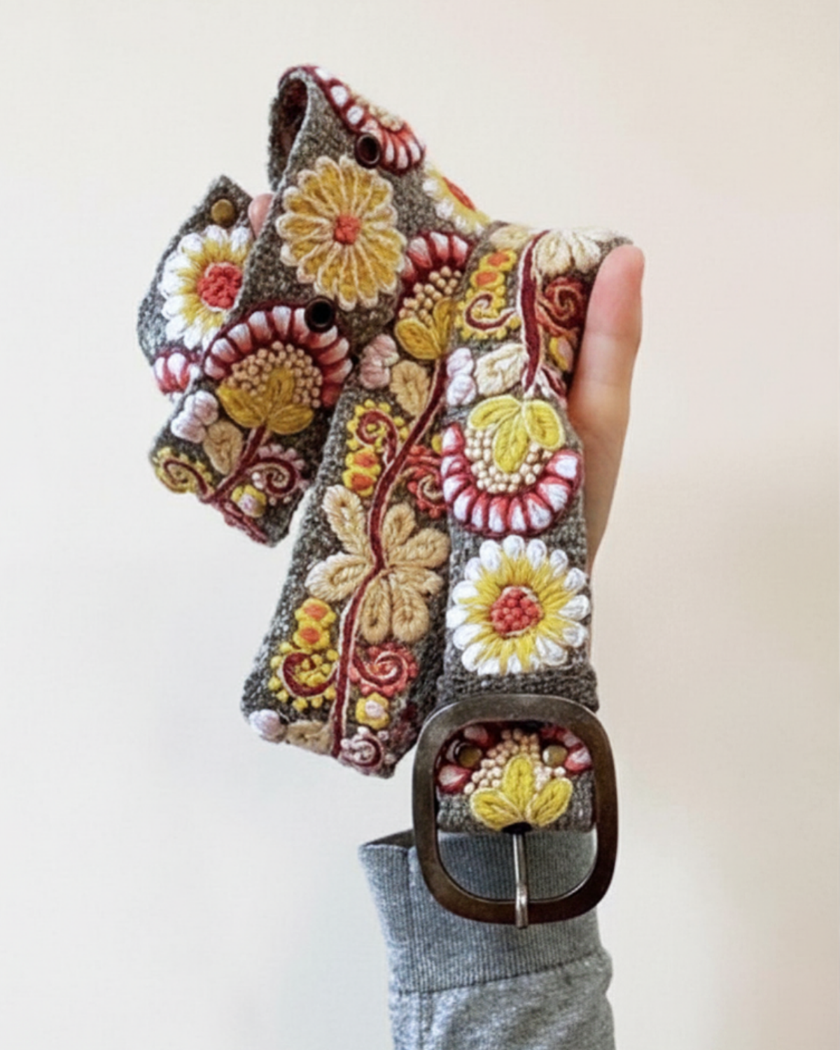 Heather Gray Floral Embroidered Wool Belt