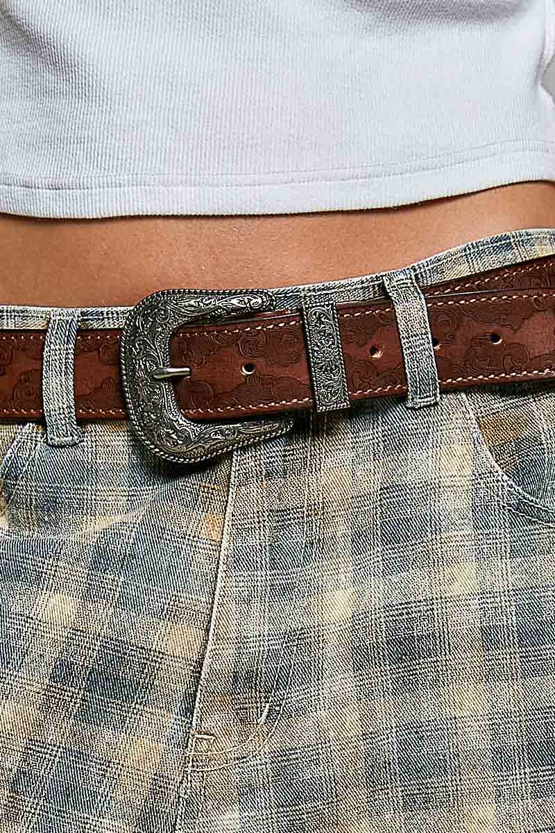 Floral Embossed Leather Belt