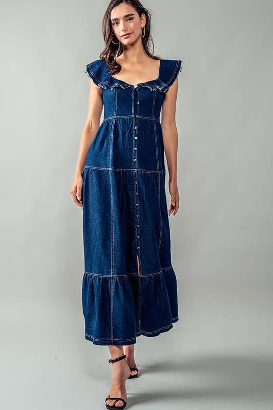 Lea Frayed Shoulder Straps Maxie Denim Dress