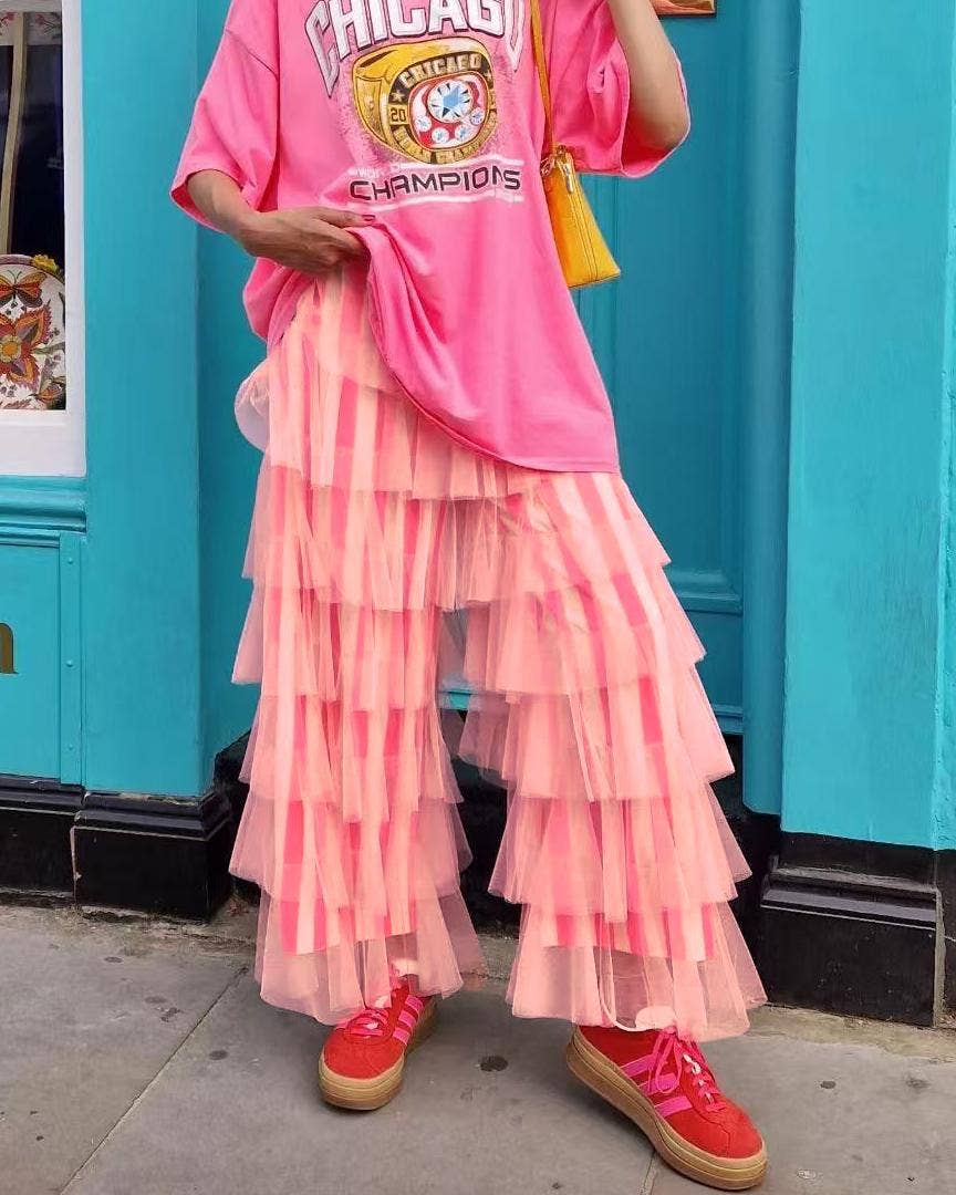 Striped Ruffles Trousers Wide-leg Tulle Pants