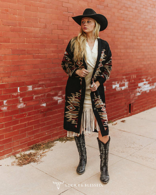 Black Aztec Knit Long Sleeve Button Down Duster
