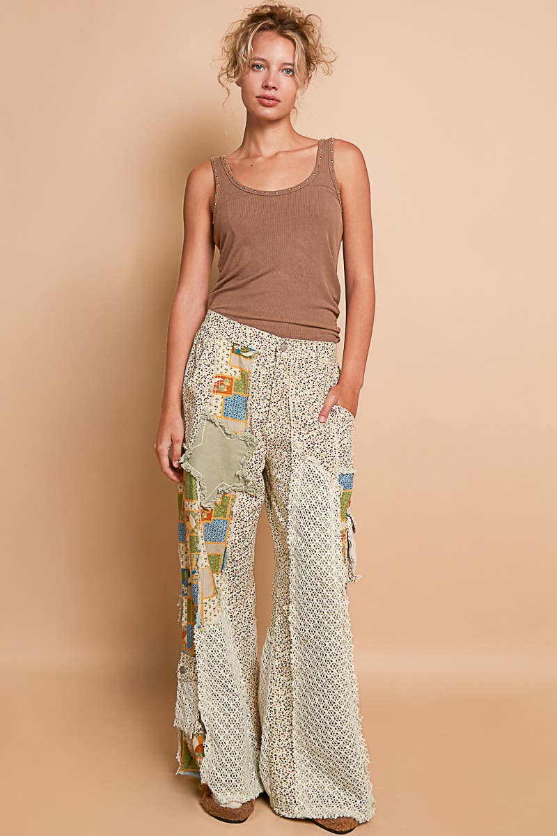 Printed patchwork detail woven twill pants