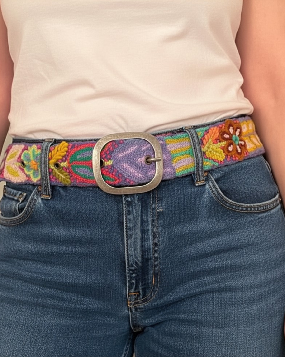 Folklorica Floral Embroidered Wool Belt, Blue