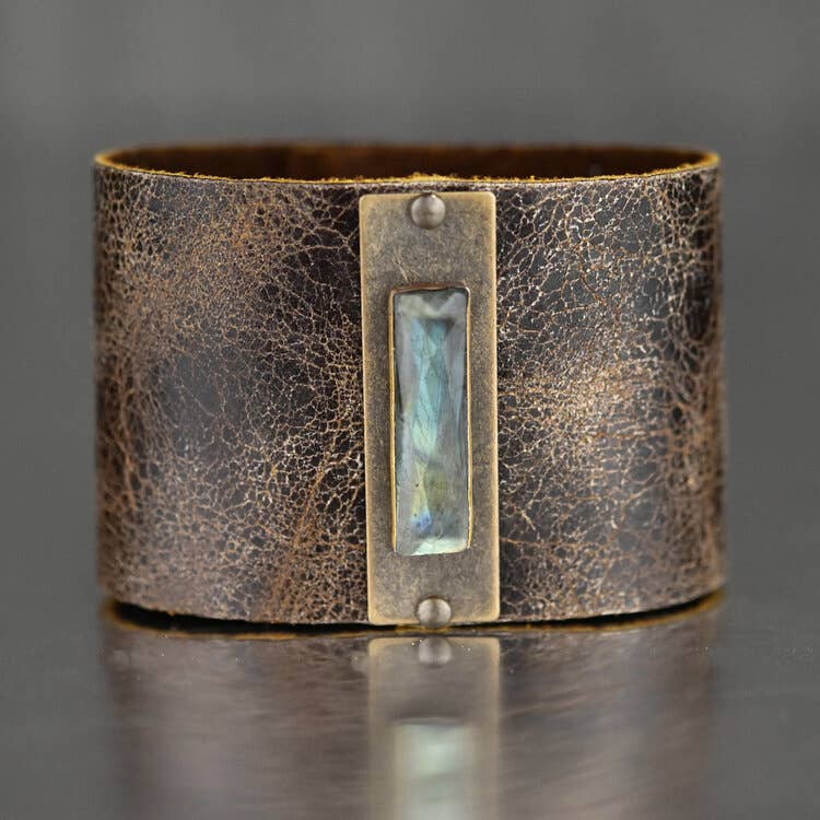 2" Leather Cuff w/ Semi Precious (Weathered Brown)