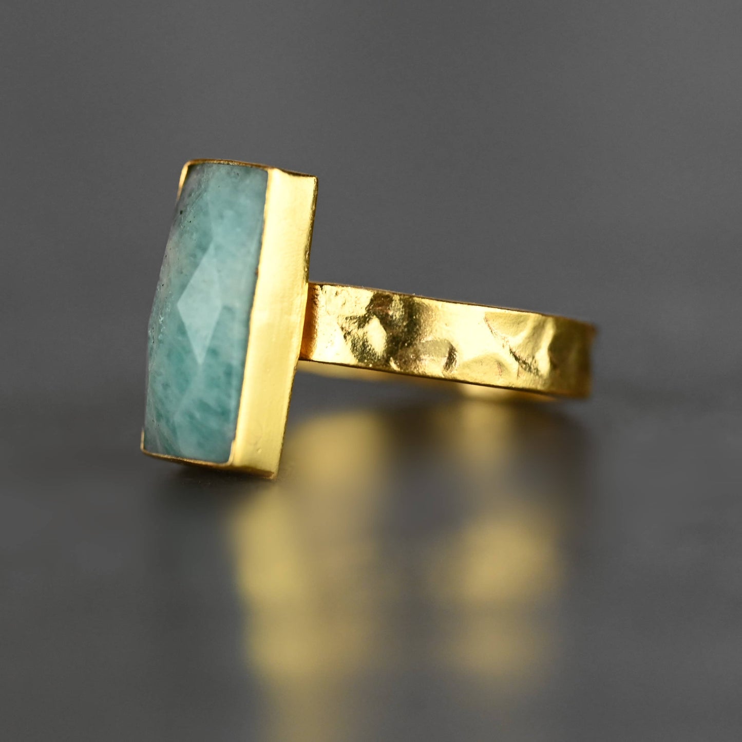 Amazonite  Rectangle Ring on a Hand Hammered Band