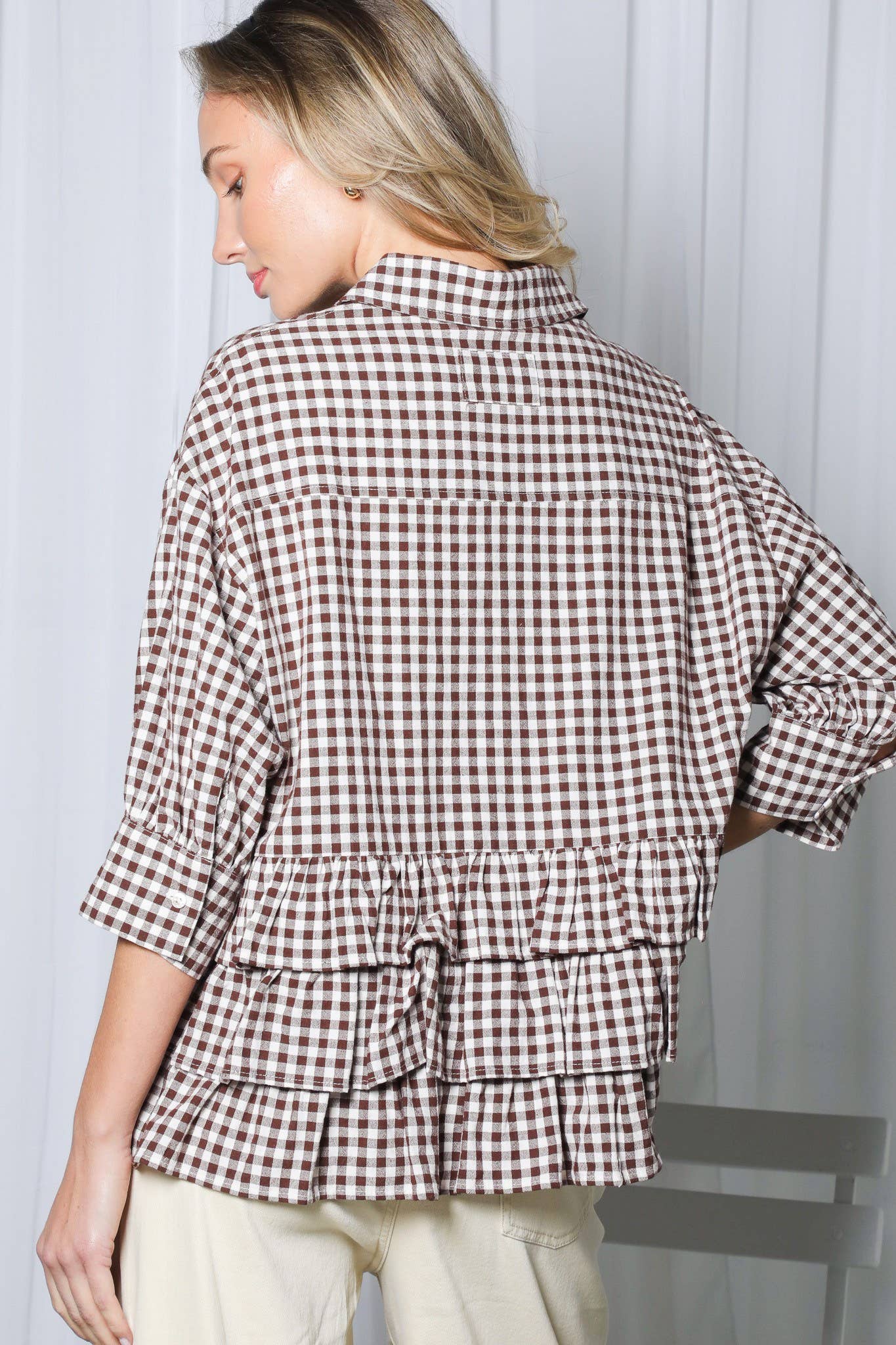 Gingham Puff Sleeve Ruffle Accent 100%Cotton Shirt VT83518C