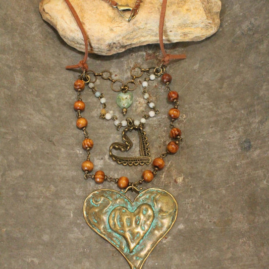 Verdigris Leather Heart Layered Necklace