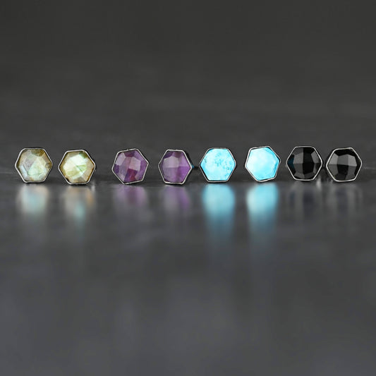 Semi Precious Hexagon Gemstone Studs (8mm)  (Gunmetal)