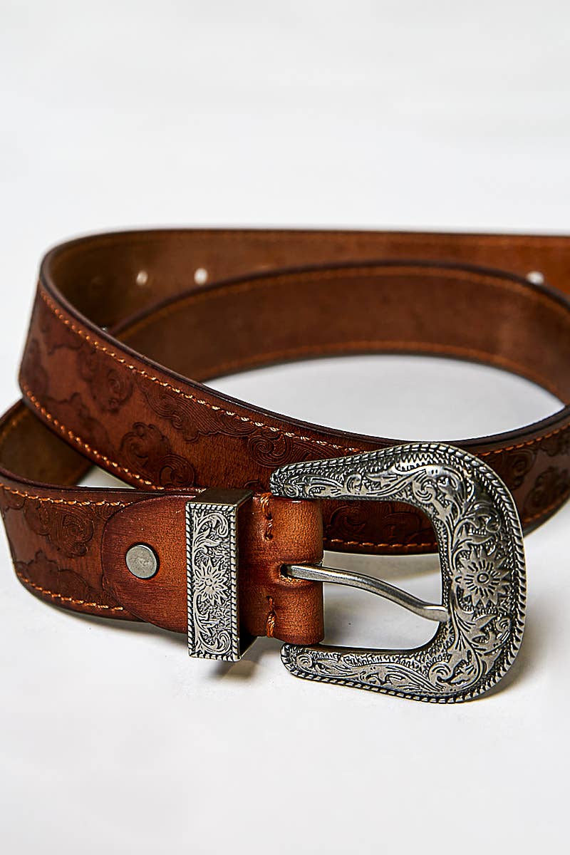 Floral Embossed Leather Belt