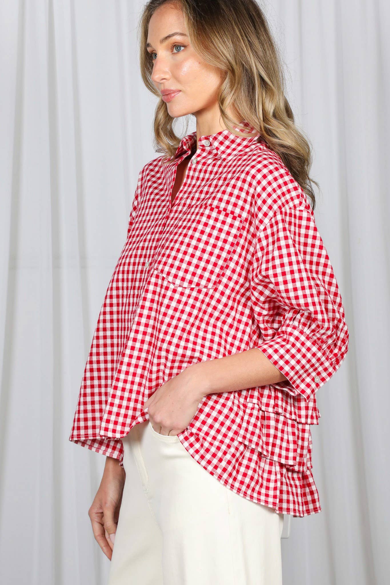 Gingham Puff Sleeve Ruffle Accent 100%Cotton Shirt VT83518C