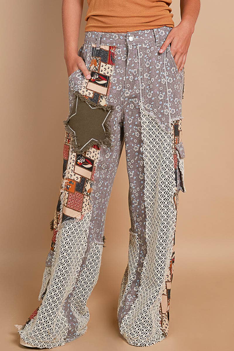 Printed patchwork detail woven twill pants