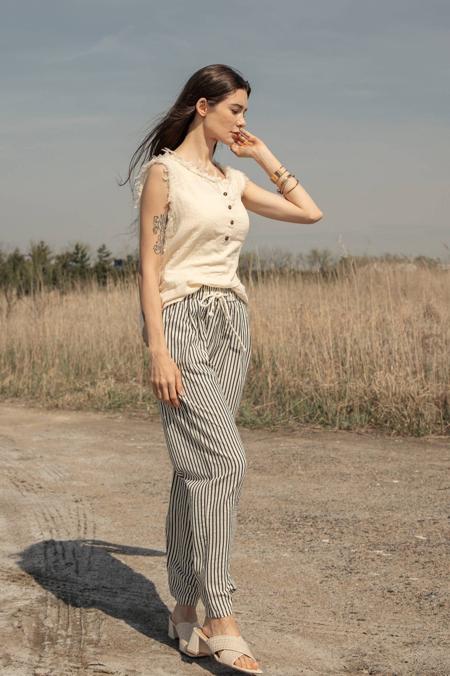 Stegla Elastic Waist Tie Stripe Wide Fit Pants