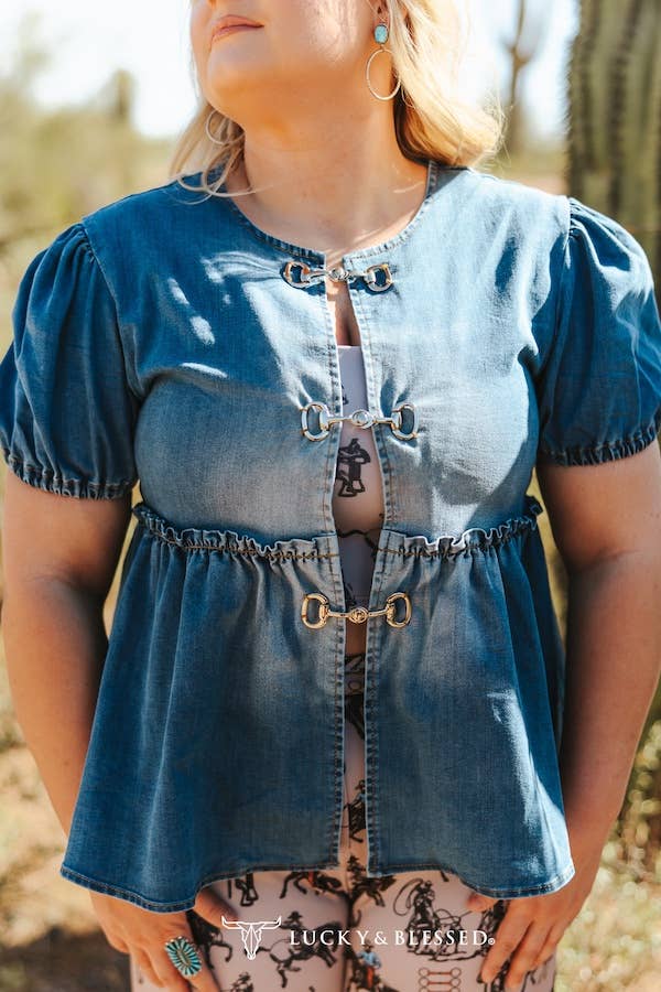 Denim Puff Sleeve Peplum Top W Western Buckle Front Detail