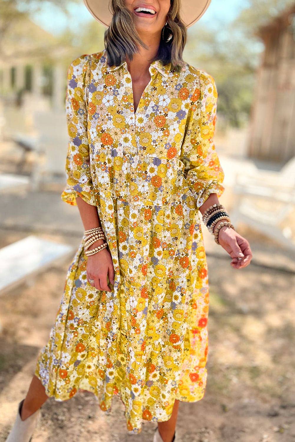 Agnest Yellow Floral Collared Tiered Midi Dress