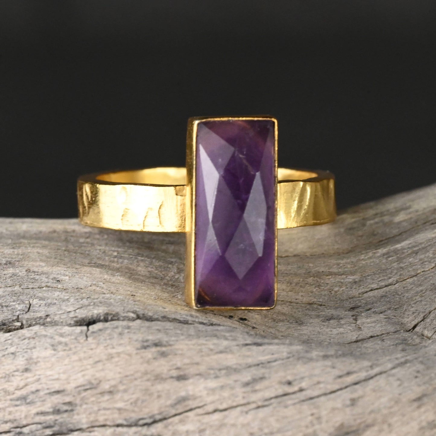 Amethyst  Rectangle Ring on a Hand Hammered Golden Band