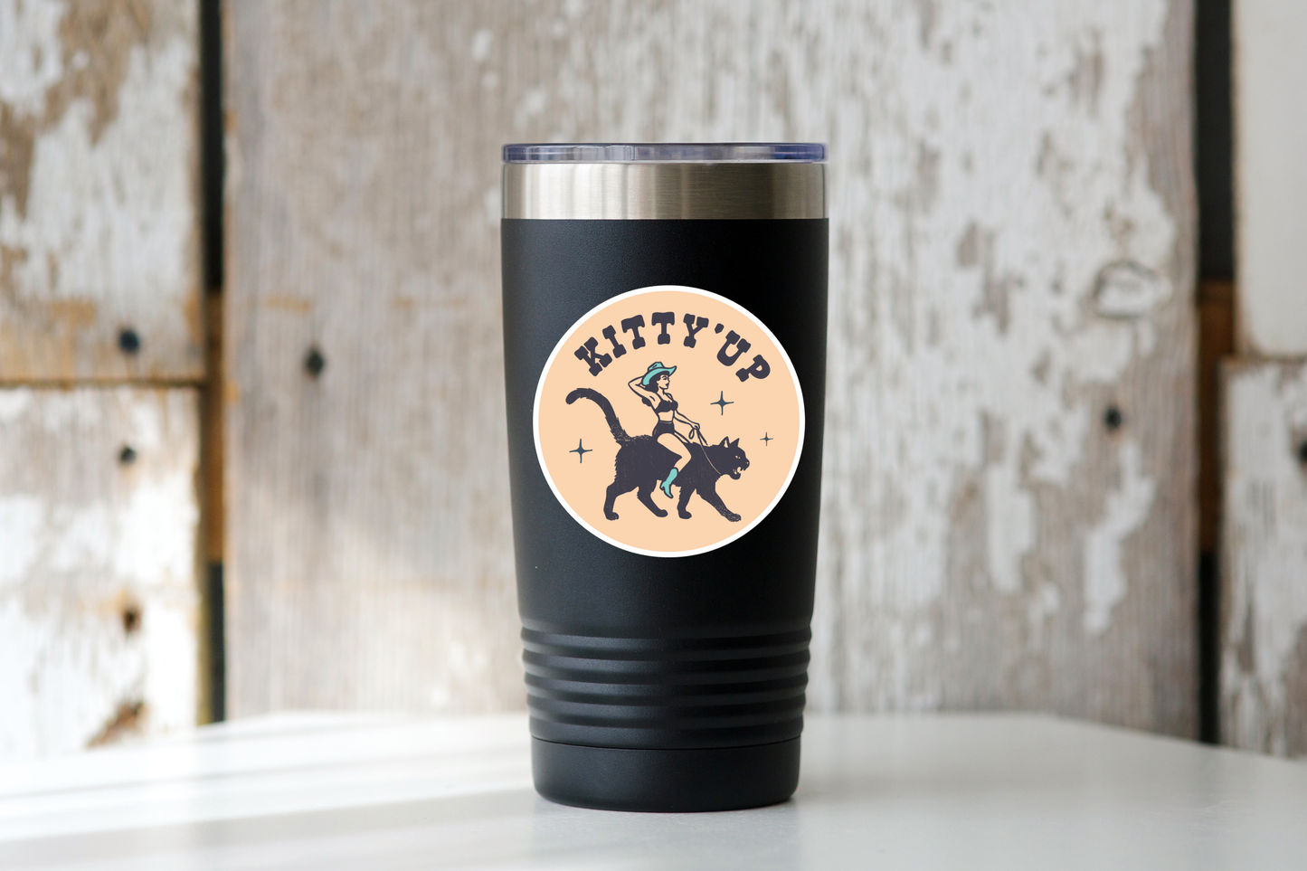Kitty'Up Sticker - black cat, kitten, cowgirl, western, cute