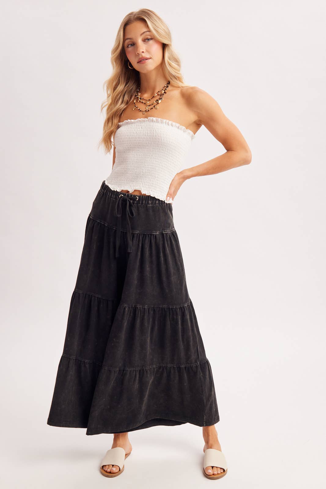 BOHO TIERED DRAWSTRING WIDE LEG PANTS
