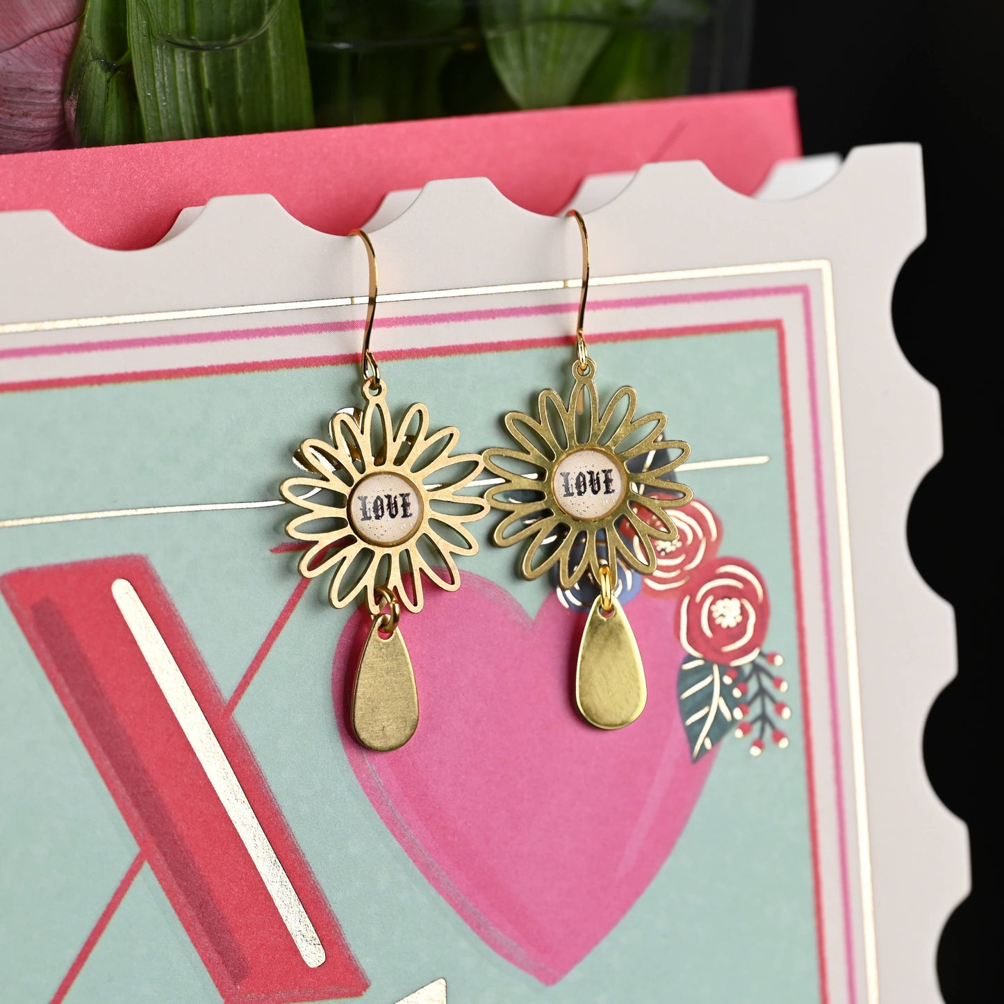 Flower & Petal Drop w/ Picture Earrings (butterfly)