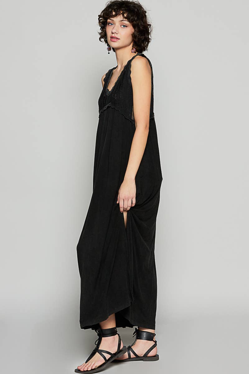 V-neck sleeveless cut sew knit lace trim solid dress
