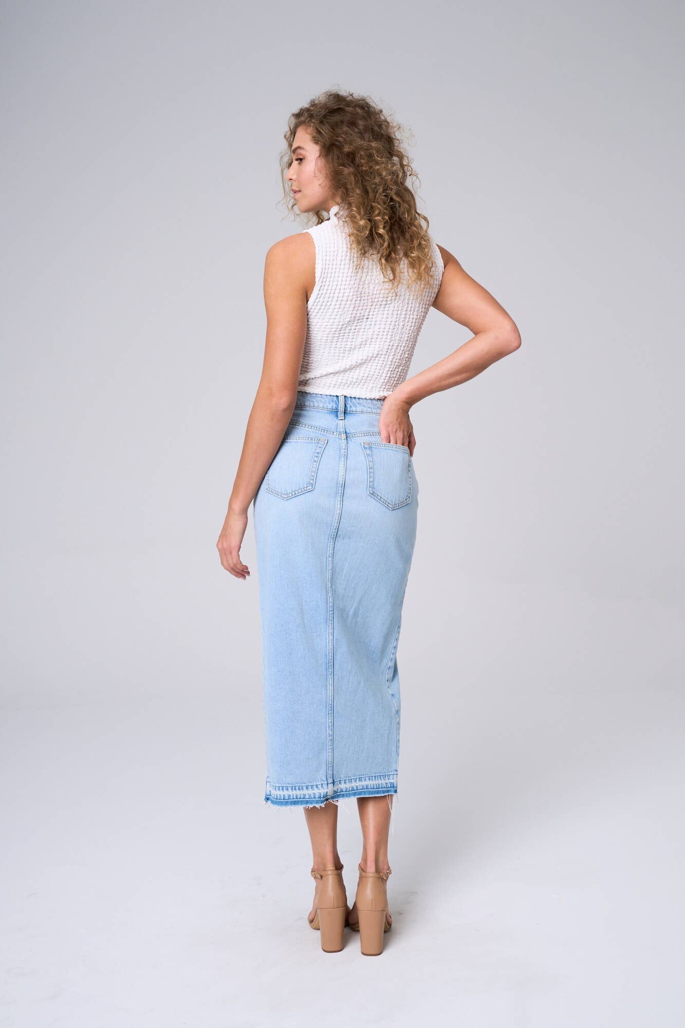 Joplin Maxi Skirt w/front Slit & Frayed Hem in Light Denim