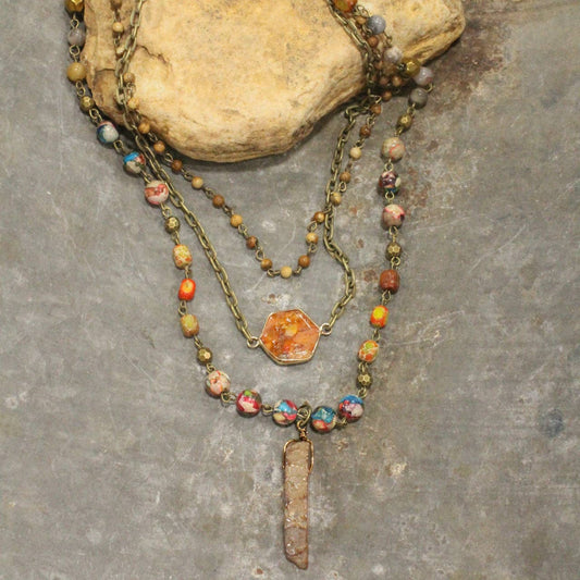 Bohemian Layered Rusty Orange Stone & Crystal Necklace