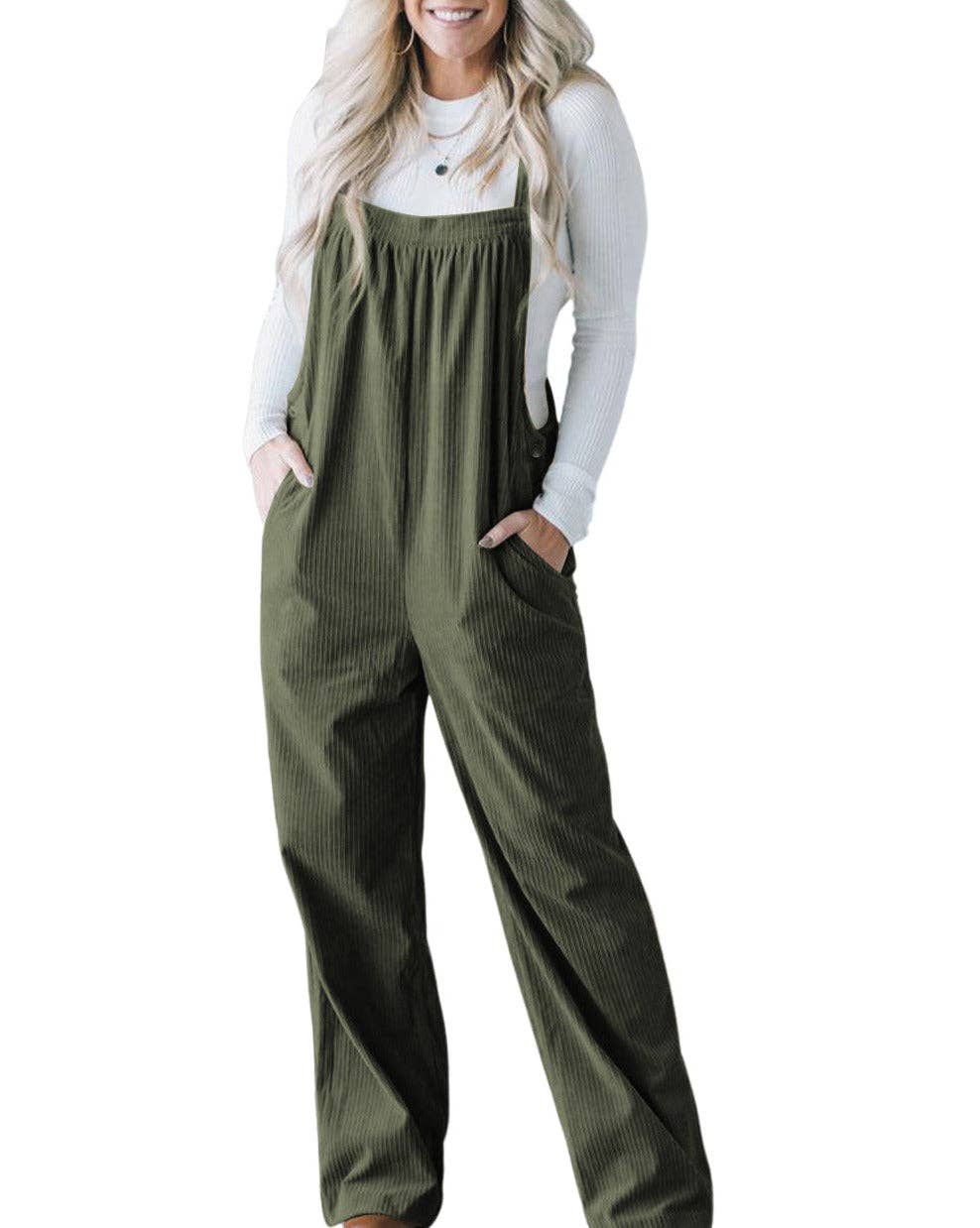 Olive Solid Corduroy Pocketed Overall