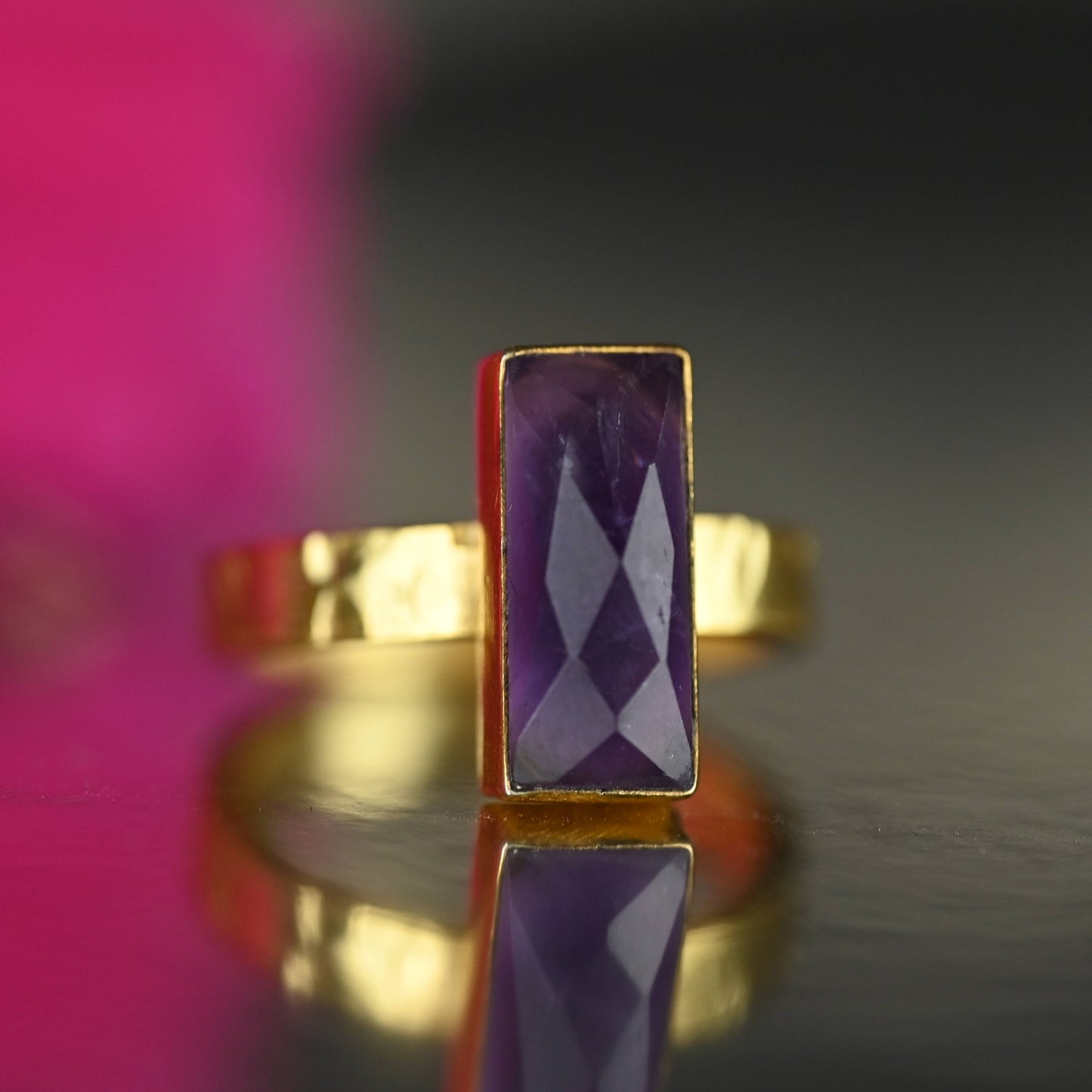 Amethyst  Rectangle Ring on a Hand Hammered Golden Band