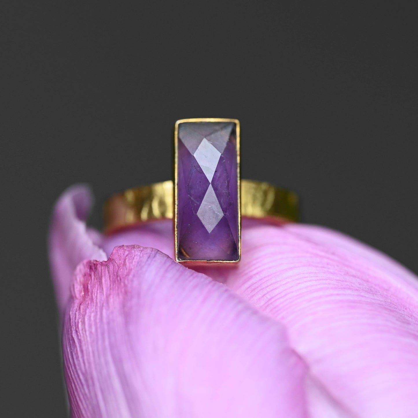 Amethyst  Rectangle Ring on a Hand Hammered Golden Band