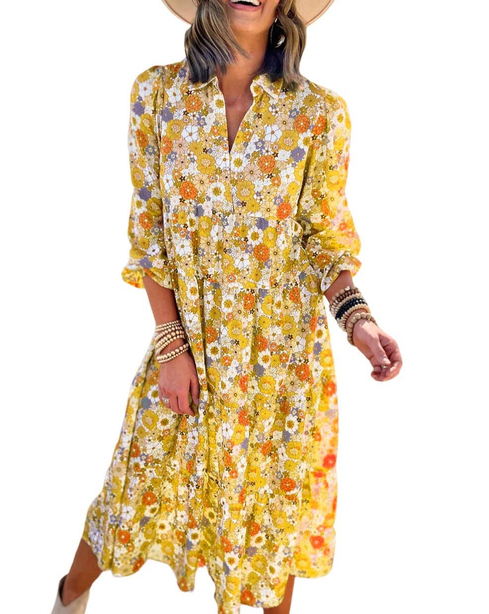 Agnest Yellow Floral Collared Tiered Midi Dress