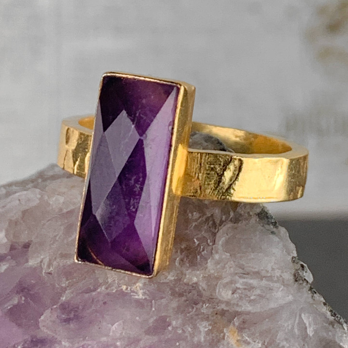 Amethyst  Rectangle Ring on a Hand Hammered Golden Band