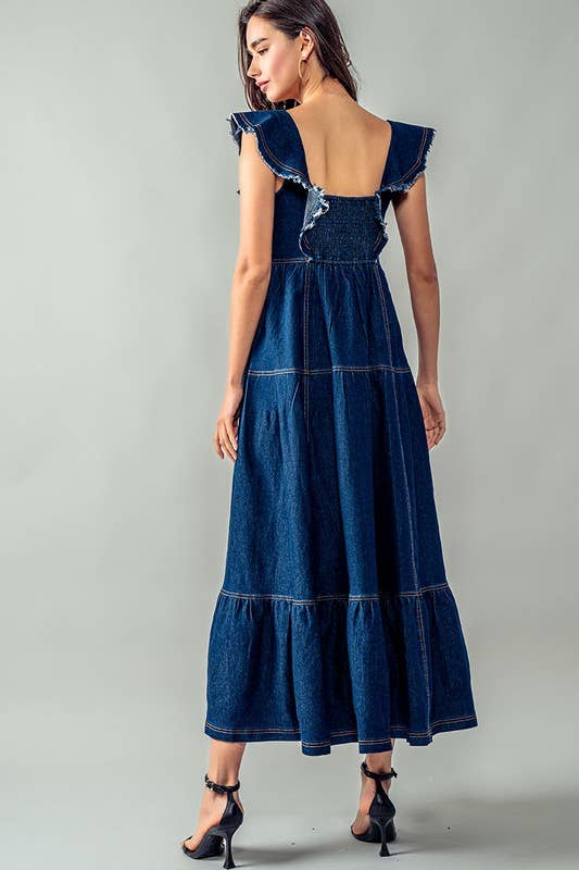 Lea Frayed Shoulder Straps Maxie Denim Dress