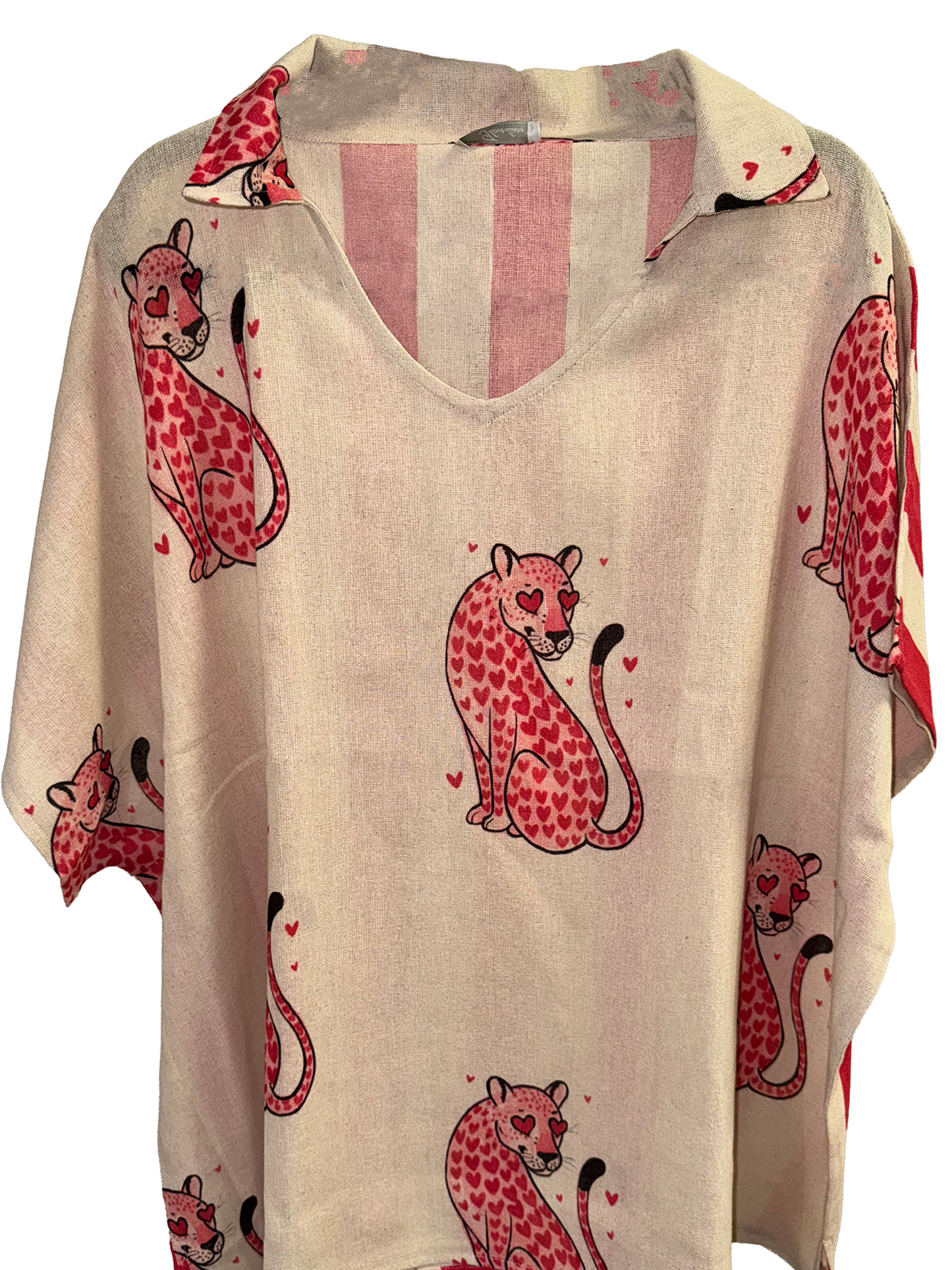 Oversized Cotton Collared Top with Cheetah Hearts & Stripes