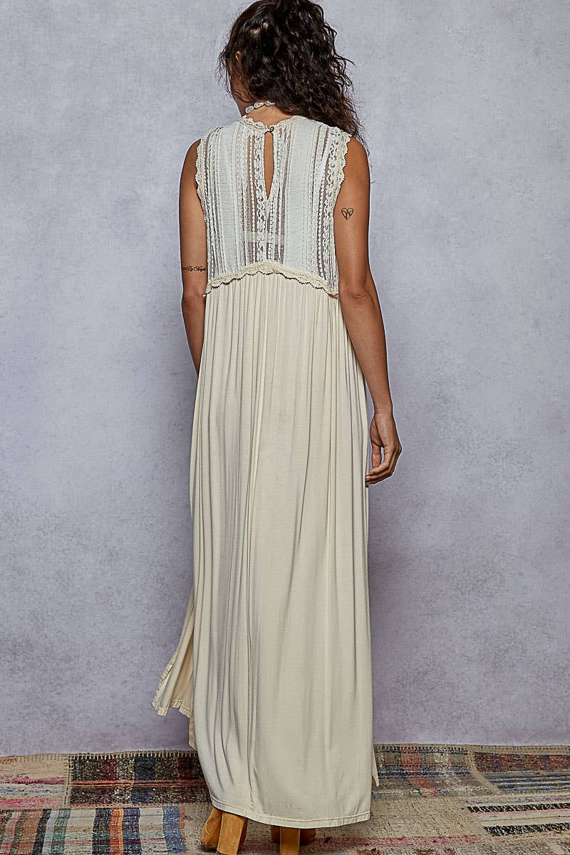 V-neck sleeveless cut sew knit lace trim solid dress