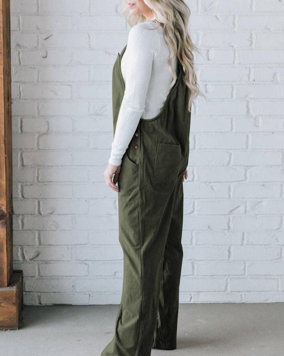 Olive Solid Corduroy Pocketed Overall