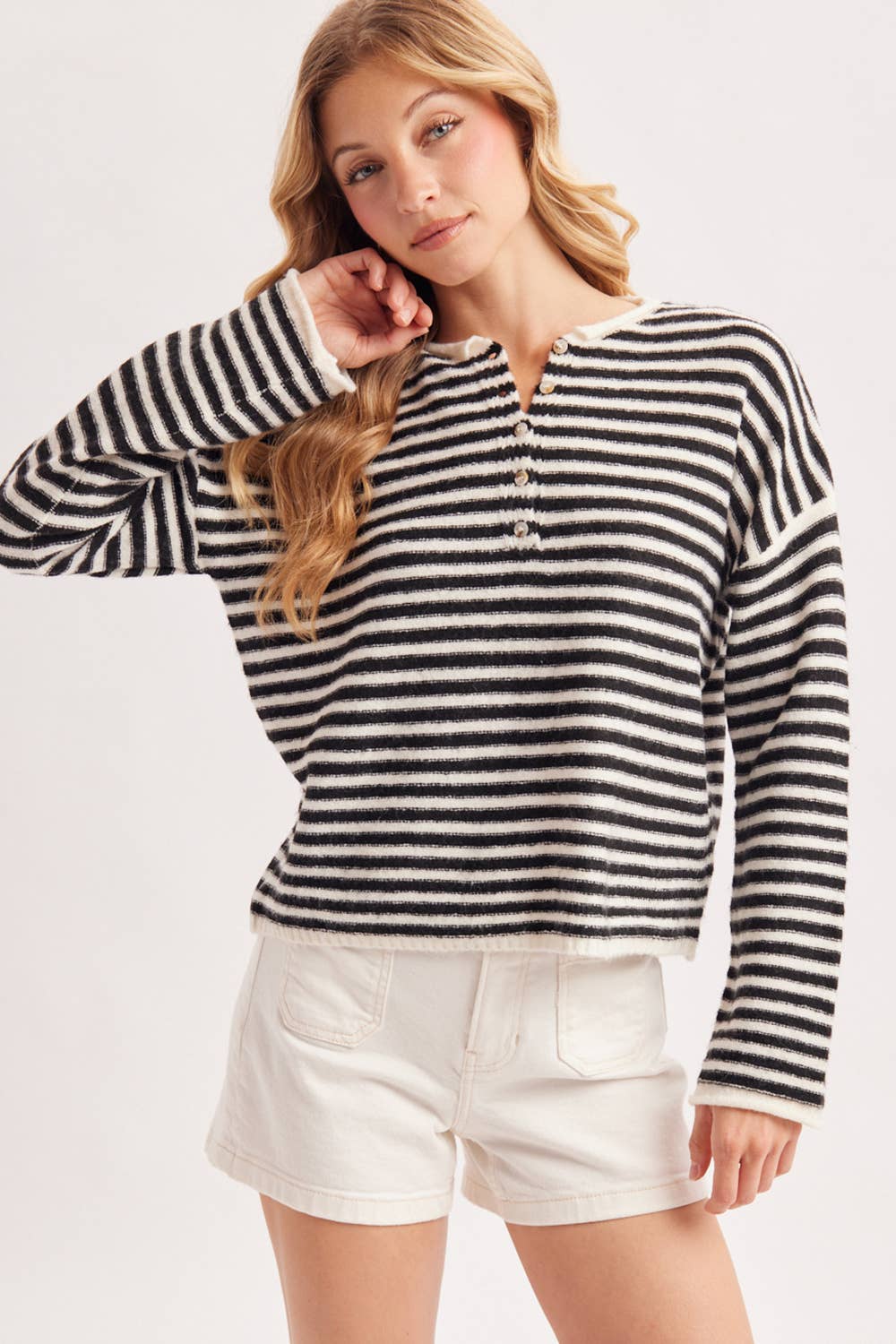 RELAXED STRIPE HENLEY KNIT PULLOVER