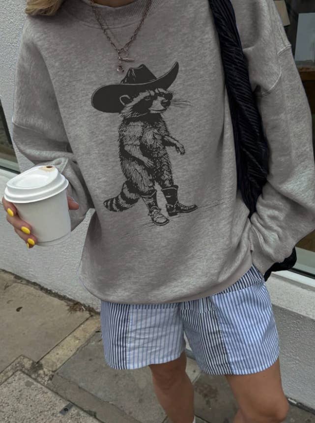 Southern Cowboy Spirit Raccoon print crew sweatshirt: Grey / XL