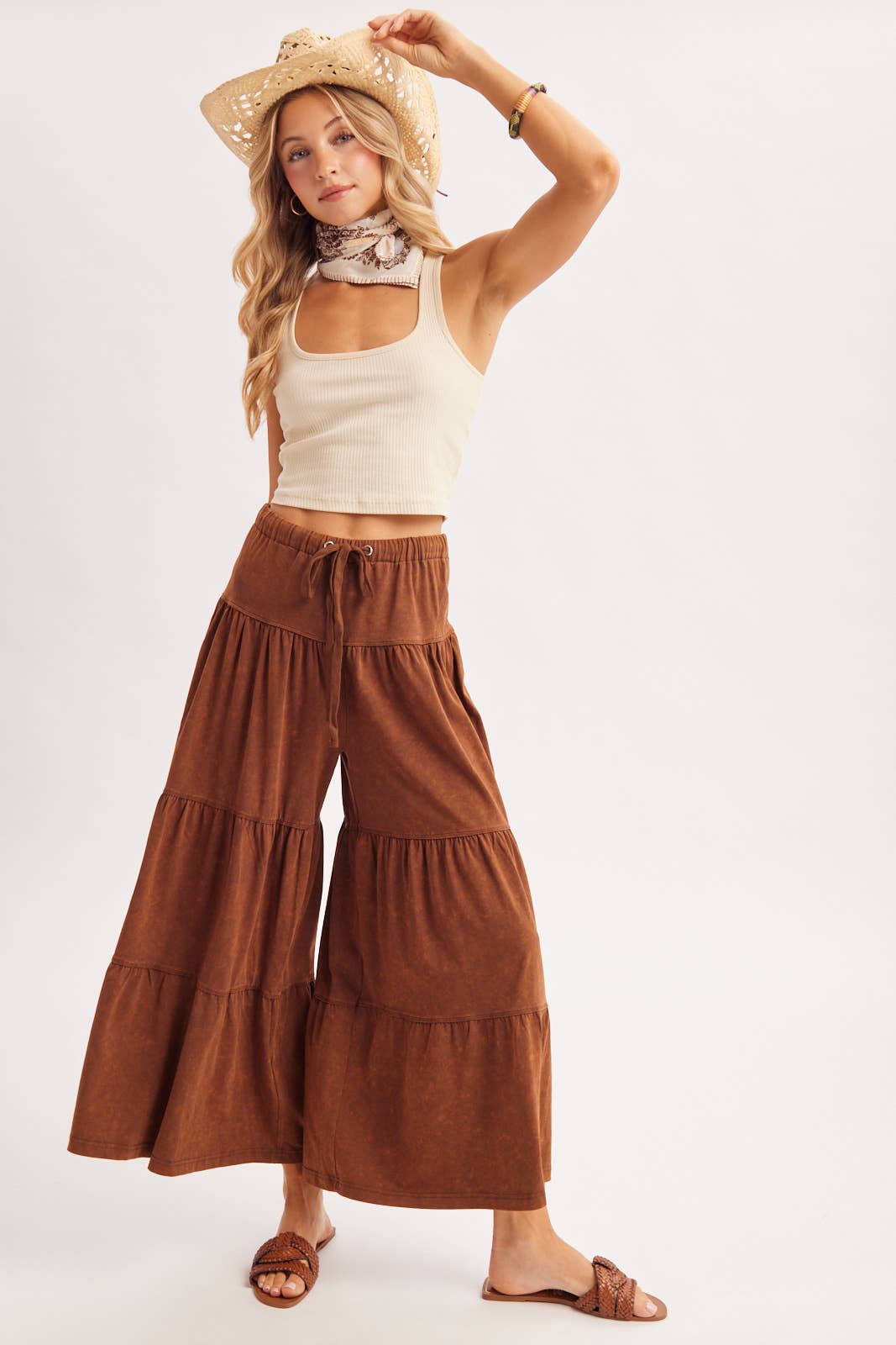 BOHO TIERED DRAWSTRING WIDE LEG PANTS