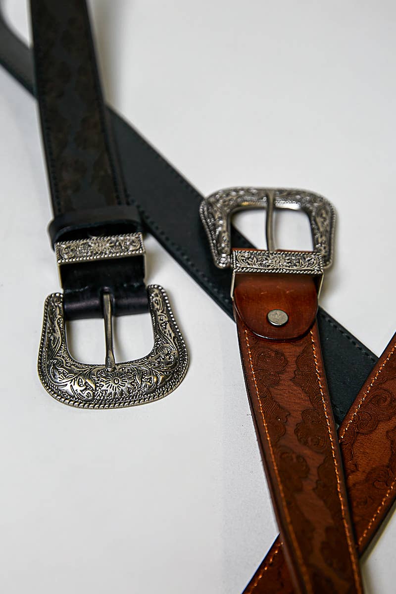Floral Embossed Leather Belt