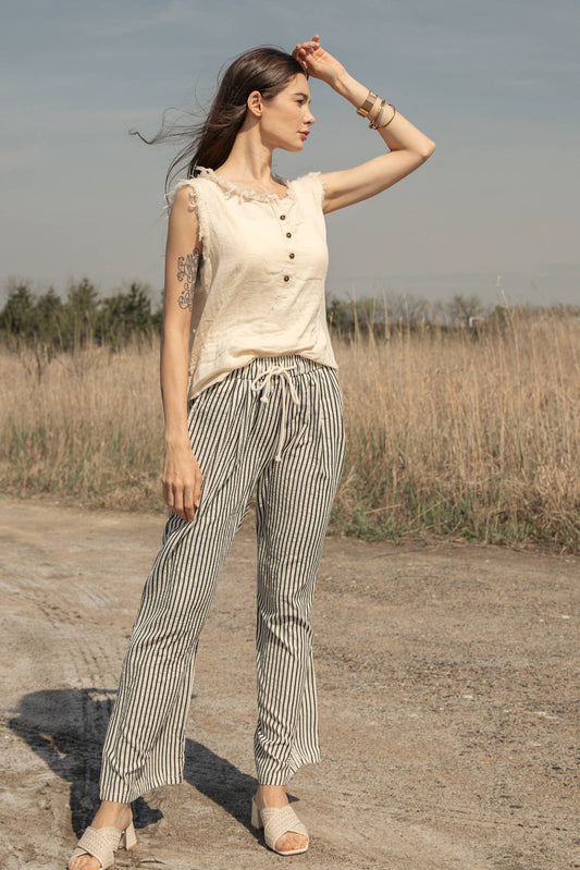 Stegla Elastic Waist Tie Stripe Wide Fit Pants